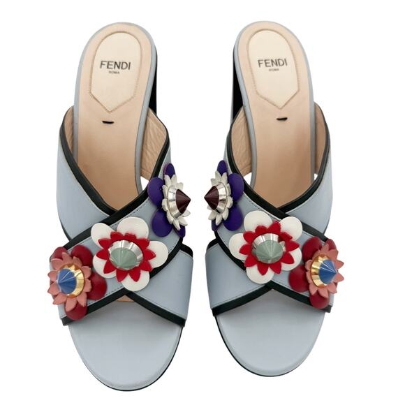 Fendi Flowerland Stud Floral Block Heel Mule Slide Sandals Size 40 US 10 - Picture 2 of 15